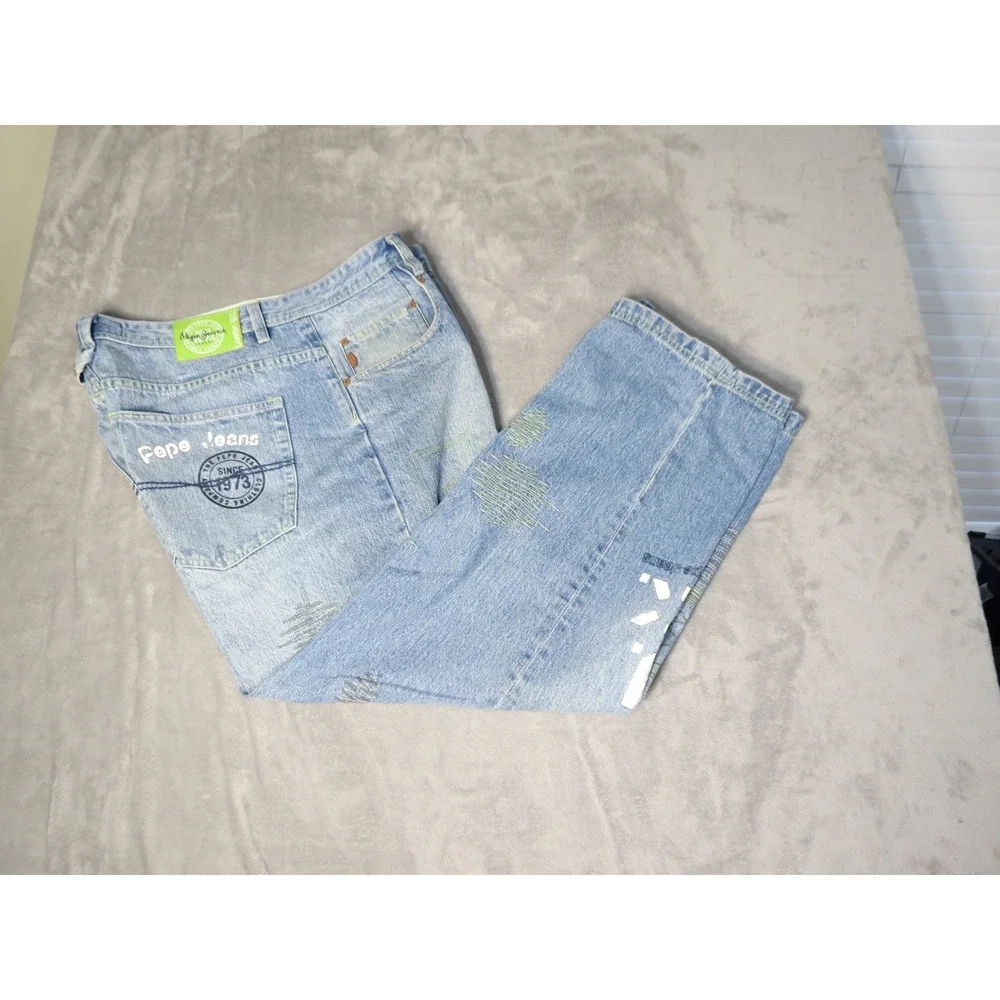 Pepe Jeans Jeans Mens 42 Light Blue Embroidered Graphic Relaxed Straight Leg